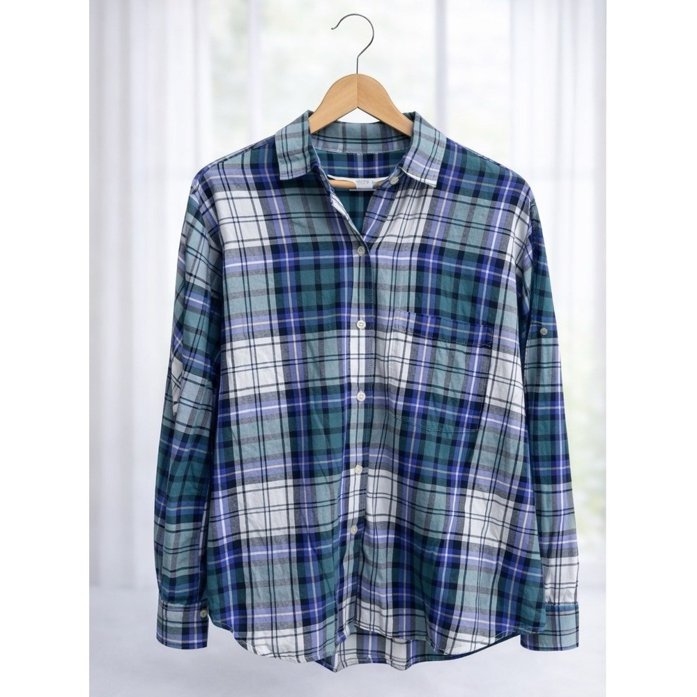 Old Navy Flannel The Boyfriend‎ Shirt. White Green Blue Plaid Women's  XXL